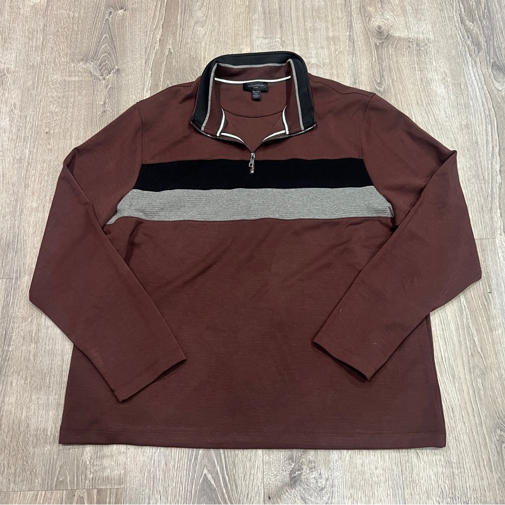 Magaschoni mens 1/4 Zip long sleeve Pullover Brown/Black scuba Colorblock XL